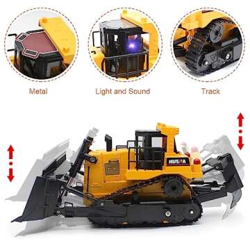fisca Remote Control Bulldozer RC 1/16 Full Functional Construction Vehicle, 2.4Ghz 11 Channel Dozer Front Loader Toy with Light and Sound for Kids Age 6, 7, 8, 9, 10 and Up Years Old