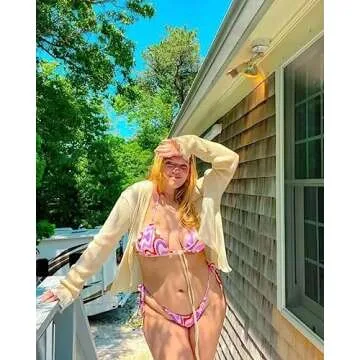 VOLAFA Women's Triangle Bikini Set String Swimsuit Print Tie Smocked Ruched Two Piece Bathing Suit (Small, Purple2)