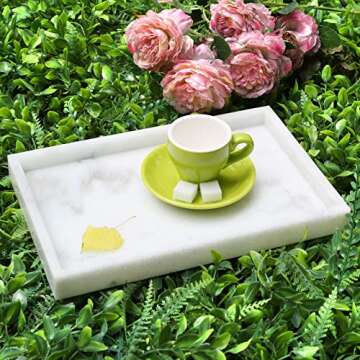 HERFECEAL Natural Marble Tray, White Marble Tray for Bathroom Kitchen Vanity Coffee Table, Serving T...