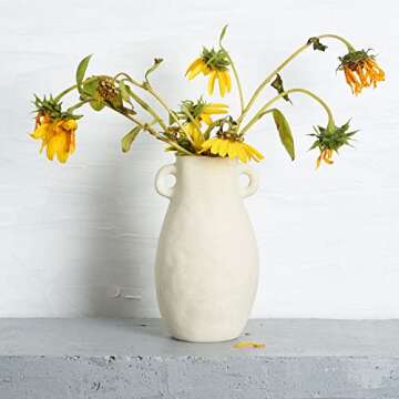 BlossoME Ceramic White Vase Neutral Tone Greek Pottery for Home Shelf and Side Table Decor Rustic and Vintage Gift 8”