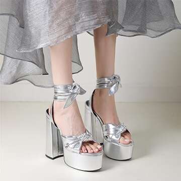 Goolita Metallic Lace Up Chunky Heels for Women