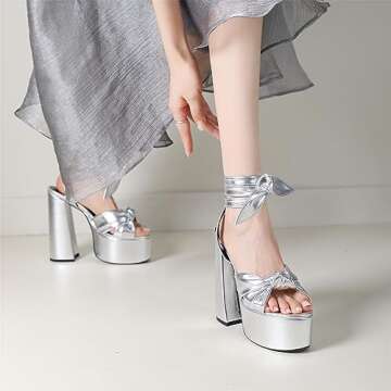 Goolita Metallic Lace Up Chunky Heels for Women