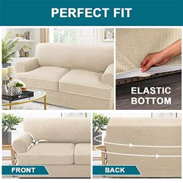 Turquoize 3 Piece T Cushion Sofa Slipcovers Sofa Cover for T Cushion Sofa Couches Stretch Couch Cover Furniture Covers with 2 Individual T Cushion Covers, Washable (2 Cushion Sofa, Biscotti Beige)
