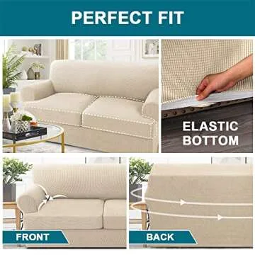 Turquoize 3 Piece T Cushion Sofa Slipcovers Sofa Cover for T Cushion Sofa Couches Stretch Couch Cover Furniture Covers with 2 Individual T Cushion Covers, Washable (2 Cushion Sofa, Biscotti Beige)