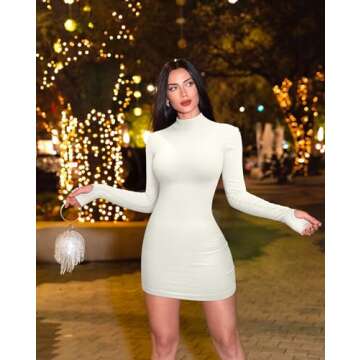 OQQ Women 2 Piece Dress Sexy Ribbed Mock Neck Long Sleeve Tummy Control Mini Dresses Black Beige