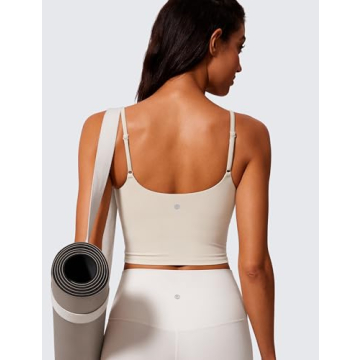 CRZ YOGA Butterlift Womens Scoop Neck Longline Sports Bra - U Back Adjustable Straps Workout Crop Tank Top with Built in Bra Mojave Tan Small