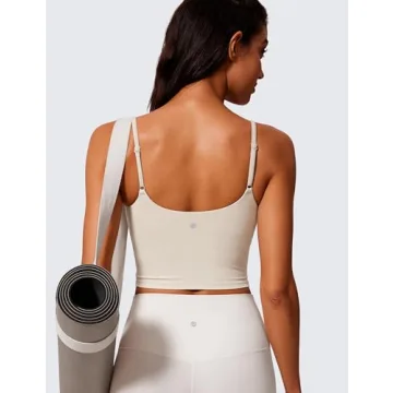 CRZ YOGA Butterlift Womens Scoop Neck Longline Sports Bra - U Back Adjustable Straps Workout Crop Tank Top with Built in Bra Mojave Tan Small