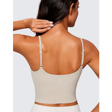 CRZ YOGA Butterlift Womens Scoop Neck Longline Sports Bra - U Back Adjustable Straps Workout Crop Tank Top with Built in Bra Mojave Tan Small