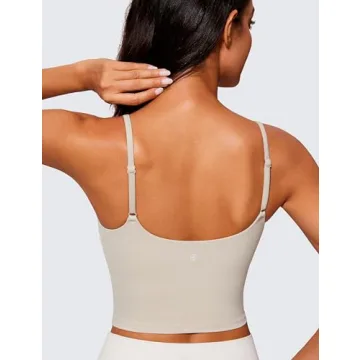 CRZ YOGA Butterlift Womens Scoop Neck Longline Sports Bra - U Back Adjustable Straps Workout Crop Tank Top with Built in Bra Mojave Tan Small
