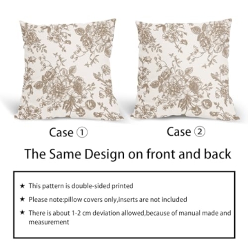 Vintage Floral Pillow Covers 18x18 Inch Set of 2 Tan and Cream Floral Throw Pillow Covers Chinoiserie Flower Pillowcases Rustic Farmhouse Cotton Linen Cushion Covers for Couch Bed Sofa Home Decor