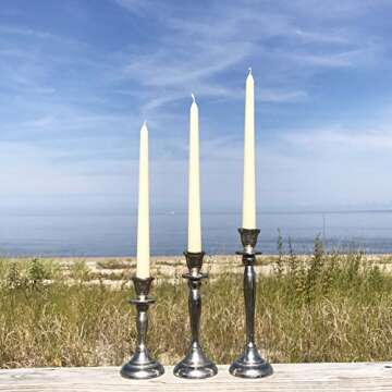 Americana Collection of 3 Handmade Silver Candle Stick Holders, Aluminum, 5 1/2, 7 1/8, 8 5/8 Inches High, (14 cm, 18 cm, 22 cm)