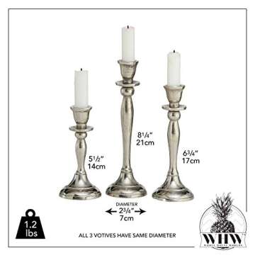 Americana Collection of 3 Handmade Silver Candle Stick Holders, Aluminum, 5 1/2, 7 1/8, 8 5/8 Inches High, (14 cm, 18 cm, 22 cm)