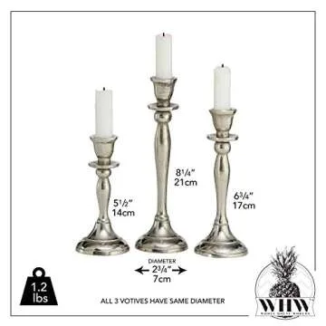 Americana Collection of 3 Handmade Silver Candle Stick Holders, Aluminum, 5 1/2, 7 1/8, 8 5/8 Inches High, (14 cm, 18 cm, 22 cm)