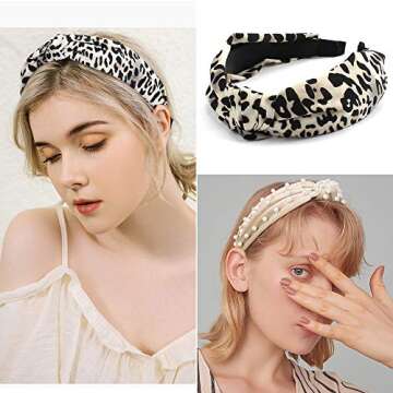 TOBATOBA Pearl and Leopard Print Headbands - Cute Beaded Wide Knot Hair Accessories for Women and Girls