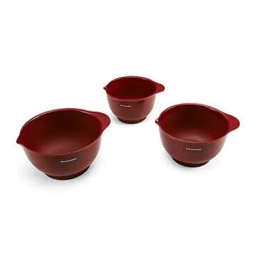 KitchenAid Universal Nesting Plastic Mixing Bowls, Set Of 3, 2.5 quart, 3.5 quart, 4.5 quart, Non Slip Base with Easy Pour Spout to Reduce Mess, Dishwasher Safe, Empire Red