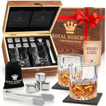 Whiskey Set by Royal Reserve – Elegant Glasses & Stainless Chilling Stones