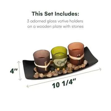 Dawhud Direct Decorative Votive Candle Holders, Vintage Decor Flameless Candlescape Set, 3 LED Tea Light Candles, Rocks aund Tray (Earth Tones)