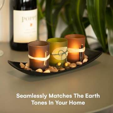 Dawhud Direct Decorative Votive Candle Holders, Vintage Decor Flameless Candlescape Set, 3 LED Tea Light Candles, Rocks aund Tray (Earth Tones)