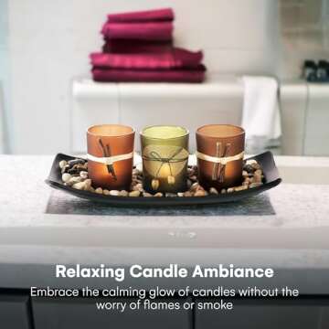 Dawhud Direct Decorative Votive Candle Holders, Vintage Decor Flameless Candlescape Set, 3 LED Tea Light Candles, Rocks aund Tray (Earth Tones)