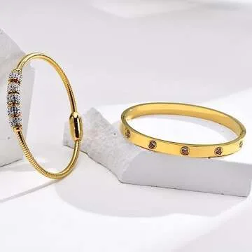 MPRAINBOW Gold Bracelets for Women, 2Pcs 18K Gold Plated Love Cubic Zirconia Bangle Crystal Friendship Bracelet Jewelry,Wedding Party Christmas Birthday Gifts for Her Girlfriend Sister Daughter