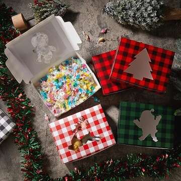 Cholemy 60 Pcs Christmas Cookie Boxes with Window Holiday Christmas Cookie Containers 8 x 6 x 2.5 Inches Cupcake Boxes for Gift Giving Xmas Buffalo Plaid Treat Goodie Food Party Favor