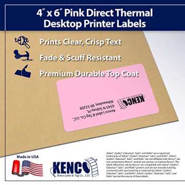 4" X 6" Direct Thermal Perforated Stickers Labels for Shipping Labels, Inventory, and Color Coding - Compatible with Zebra, Rollo, Godex and More (Pink, 6 Rolls)