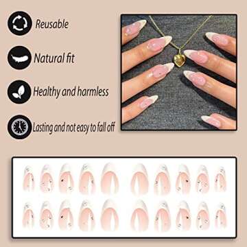 YOSOMK French Tip Press on Nails Medium Lendth Nude Almond Fake Nails with Rhinestones Designs Glossy Stick on Nails Full Cover Acrylic False Nails for Women, 1.0 Count