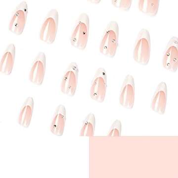 YOSOMK French Tip Press on Nails Medium Lendth Nude Almond Fake Nails with Rhinestones Designs Glossy Stick on Nails Full Cover Acrylic False Nails for Women, 1.0 Count