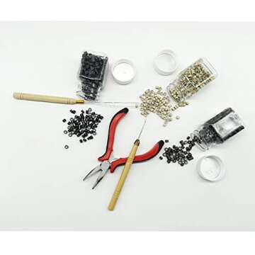 TIHOOD Hair Extension Kit Pliers Pulling Hook Bead Device Tool Kits and 1500PCS Silicone Lined Micro Rings (Black, Blonde and Brown Beads)