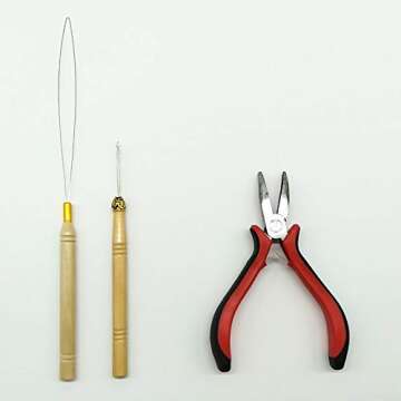 TIHOOD Hair Extension Kit Pliers Pulling Hook Bead Device Tool Kits and 1500PCS Silicone Lined Micro Rings (Black, Blonde and Brown Beads)