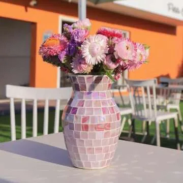 Pink Flower Vase for Decor - Pink Mosaic Glass Vase Handmade Modern Decorative Flower Vases for Home Décor,Table,Shelf Bookshelf, Wedding Banquet and Centerpieces