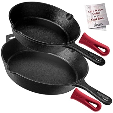 Cast Iron Skillet Set - 8" + 12"-Inch Frying Pan - Pre-Seasoned Oven Safe Cookware + 2 Heat-Resistan...