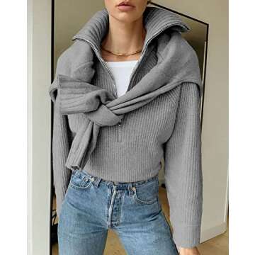 BTFBM Women’s Casual Long Sleeve Half Zip Pullover Sweaters Solid V Neck Collar Ribbed Knitted Loose Slouchy Jumper Tops(Solid Light Grey, Small)
