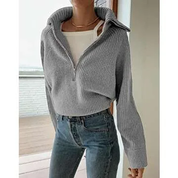 BTFBM Women’s Casual Long Sleeve Half Zip Pullover Sweaters Solid V Neck Collar Ribbed Knitted Loose Slouchy Jumper Tops(Solid Light Grey, Small)
