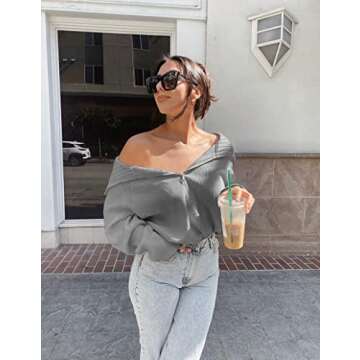 BTFBM Women’s Casual Long Sleeve Half Zip Pullover Sweaters Solid V Neck Collar Ribbed Knitted Loose Slouchy Jumper Tops(Solid Light Grey, Small)