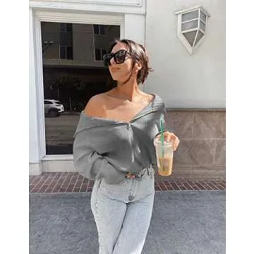 BTFBM Women’s Casual Long Sleeve Half Zip Pullover Sweaters Solid V Neck Collar Ribbed Knitted Loose Slouchy Jumper Tops(Solid Light Grey, Small)