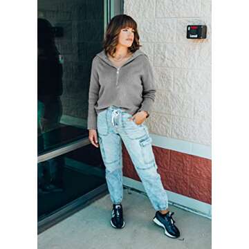 BTFBM Women’s Casual Long Sleeve Half Zip Pullover Sweaters Solid V Neck Collar Ribbed Knitted Loose Slouchy Jumper Tops(Solid Light Grey, Small)