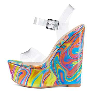 NobleOnly Women's Wedge High Heels Platform Ankle Strap Sandals Open Toe Slingback Basic Office Sandal 6" Heel Shoes Colorful Transparent 10 M US