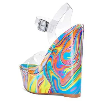 NobleOnly Women's Wedge High Heels Platform Ankle Strap Sandals Open Toe Slingback Basic Office Sandal 6" Heel Shoes Colorful Transparent 10 M US