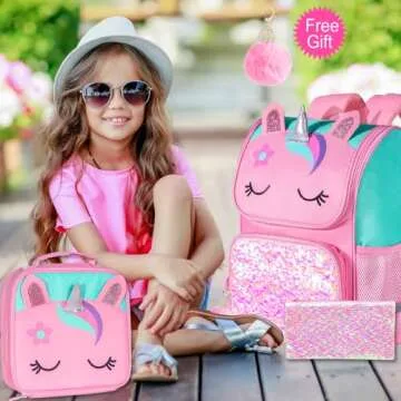 KLFVB 3PCS Girls Backpack, 15" Sequin Unicorn Bookbag with Lunch Box, Kids Preschool School bag for Elementary Students - Pink