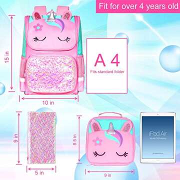 KLFVB 3PCS Girls Backpack, 15" Sequin Unicorn Bookbag with Lunch Box, Kids Preschool School bag for Elementary Students - Pink