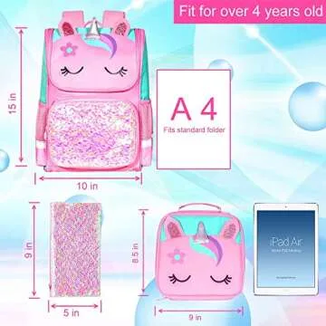 KLFVB 3PCS Girls Backpack, 15" Sequin Unicorn Bookbag with Lunch Box, Kids Preschool School bag for Elementary Students - Pink