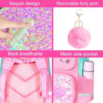 KLFVB 3PCS Girls Backpack, 15" Sequin Unicorn Bookbag with Lunch Box, Kids Preschool School bag for Elementary Students - Pink