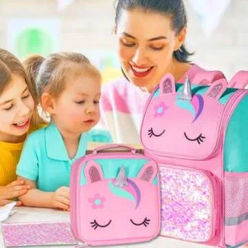 KLFVB 3PCS Girls Backpack, 15" Sequin Unicorn Bookbag with Lunch Box, Kids Preschool School bag for Elementary Students - Pink