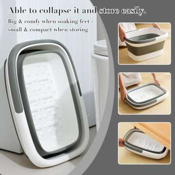 moohemoo Collapsible Foot Bath Basin Foot soak Tub, Foot Soaking Tub with Massage Acupoint for Feet Soaking, Pedicure Foot Spa, Multifunction Plastic Bucket with Handle, Home Spa Treatment – Grey