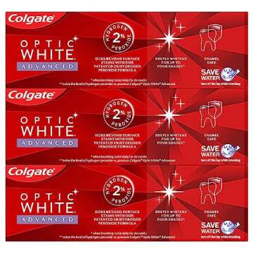 Colgate Optic White Advanced Teeth Whitening Toothpaste, Vibrant Clean, 3.2 Ounce Tube, 3 Pack