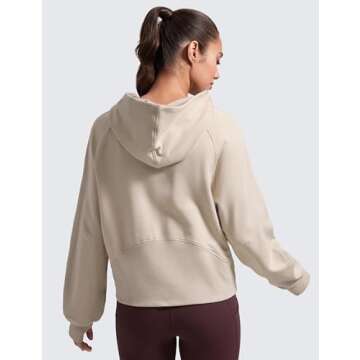 CRZ YOGA Womens Fleece Mock Neck Hoodie Oversized Pullover Long Sleeve Casual Workout Hooded Sweatshirts with Thumb Hole Mojave Tan Small