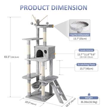 JOYO Cat Tree for Indoor Cats, 65.5 Inches Multi-Level Cat Tower Cat Tree with Hammock, Scratching Posts, Top Perch, Ladder, Cat Activity Tree Cat Condo with Toys, Cat Climbing Tower for Kitten Play