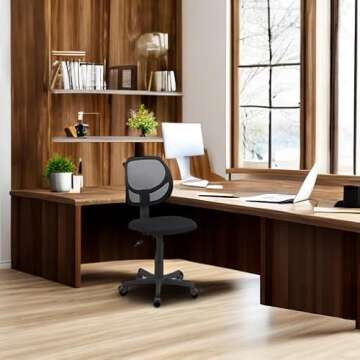 Amazon Basics Rolling Desk Chair, Adjustable, Low Back, Padded Seat, Breathable Mesh, Swivel, Black, 21.25" D x 22.5" W x 38" H