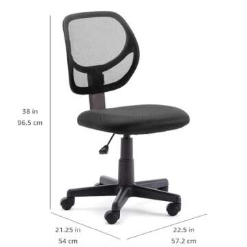Amazon Basics Rolling Desk Chair, Adjustable, Low Back, Padded Seat, Breathable Mesh, Swivel, Black, 21.25" D x 22.5" W x 38" H